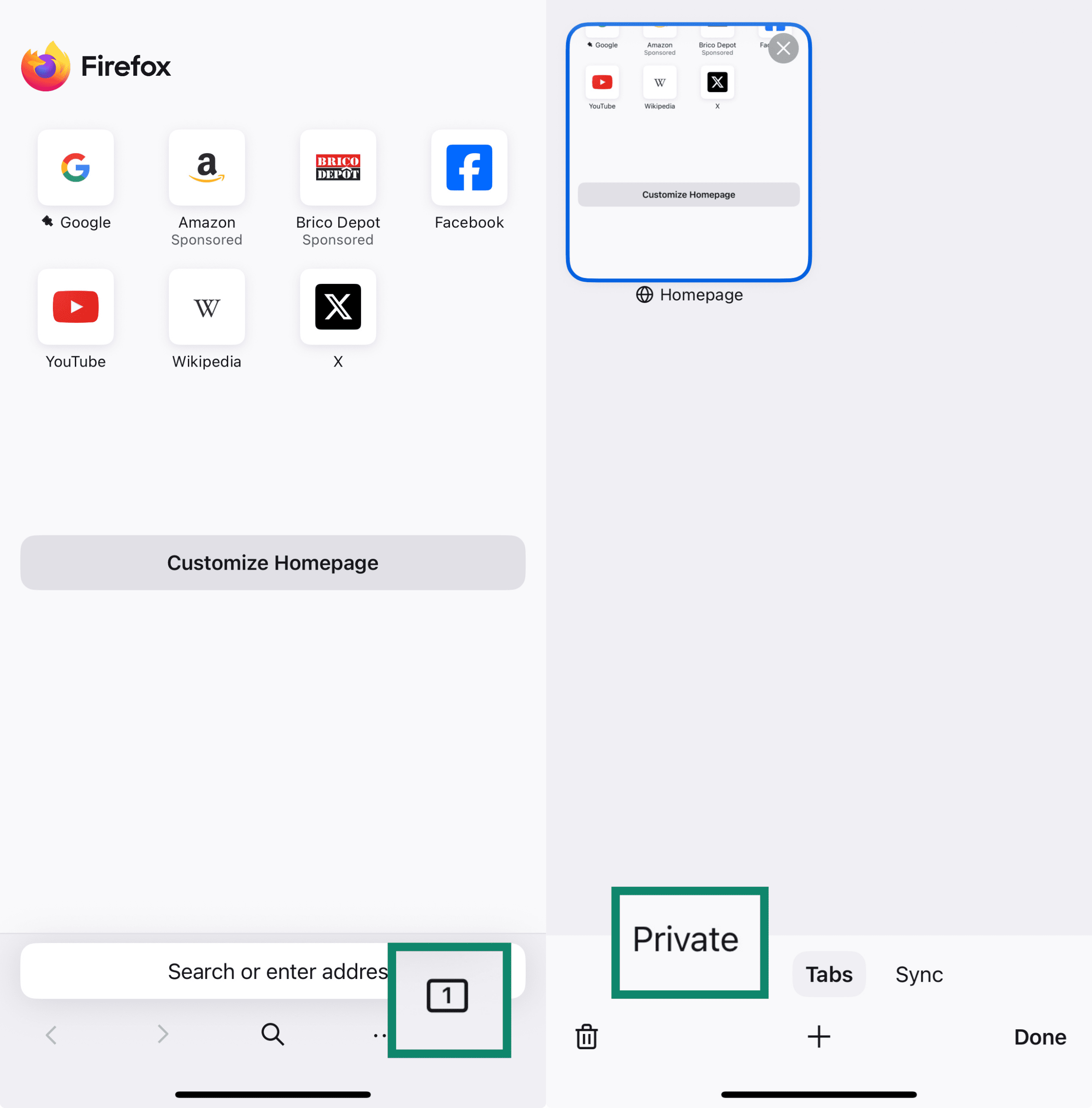 Two side-by-side screenshots of the Firefox app on iPhone.The left screenshot highlights the tab icon at the bottom.The right screenshot shows a screen with all open tabs and the 