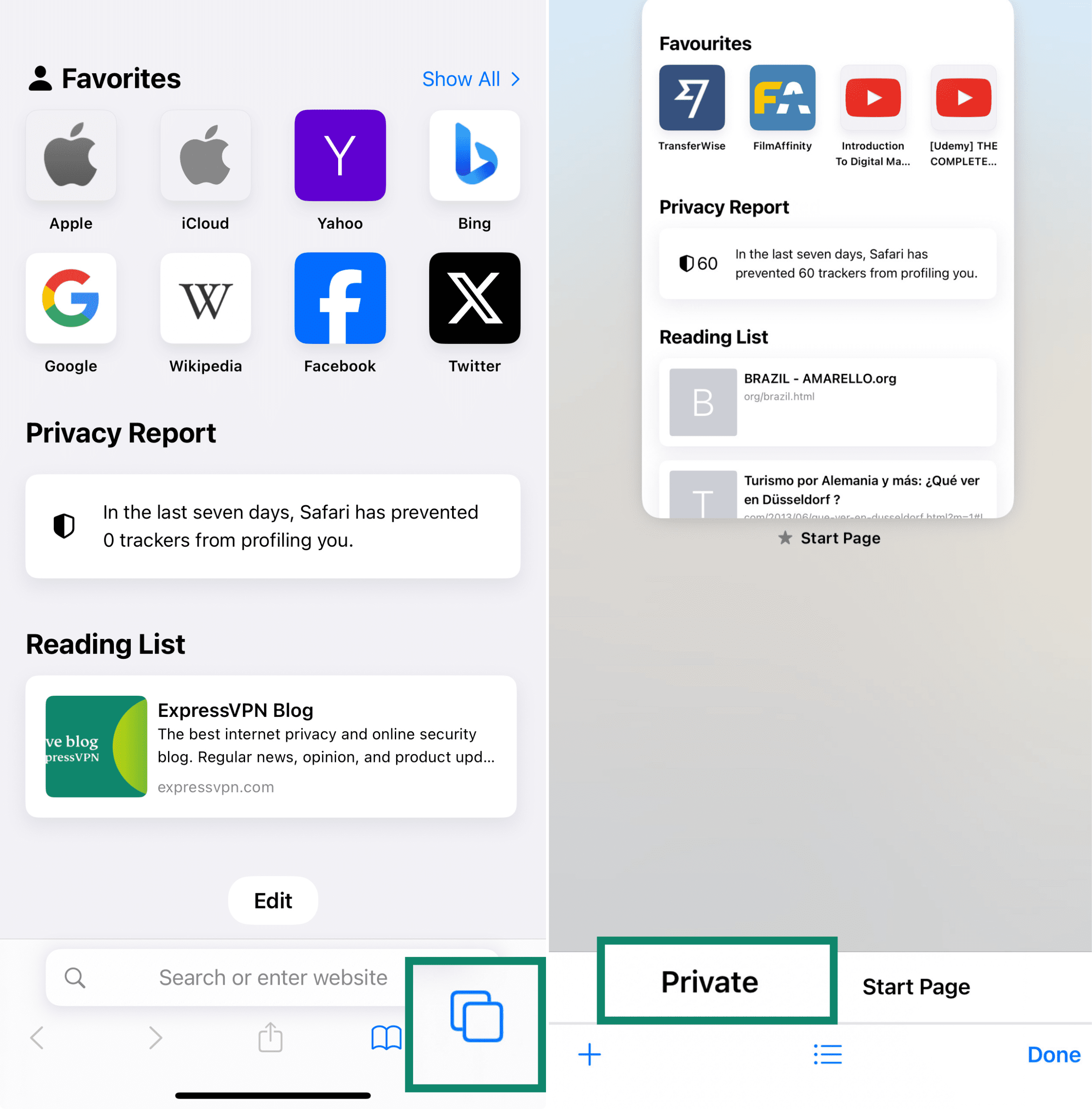 Two side-by-side screenshots of the Safari app on iPhone.The left screenshot highlights the tab icon—two overlapping squares in the bottom-right corner.The right screenshot shows the 