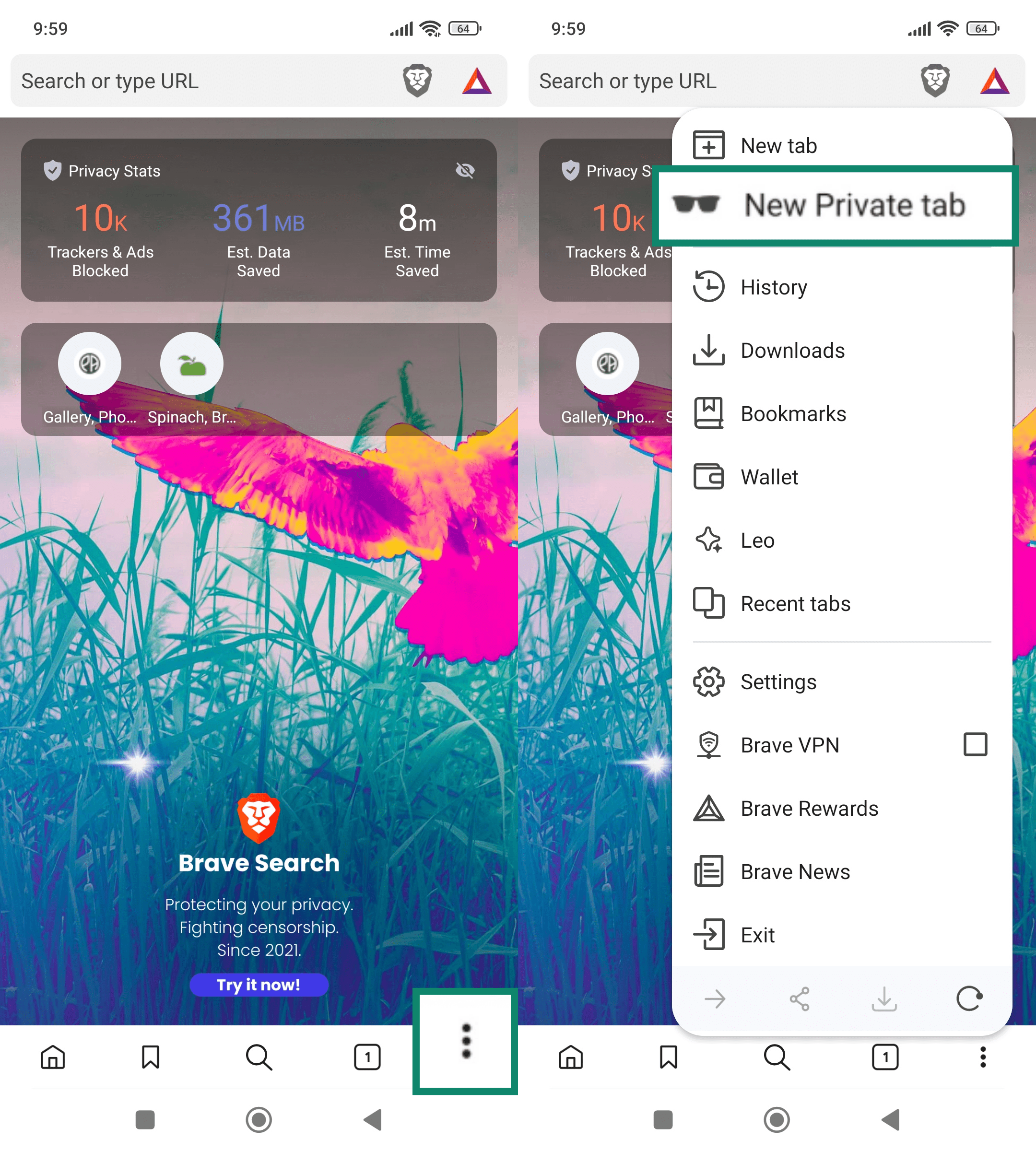 Two side-by-side screenshots of the Brave browser on Android.The left screenshot highlights the three vertical dots menu icon in the bottom-right corner.The right screenshot shows the drop-down menu with 
