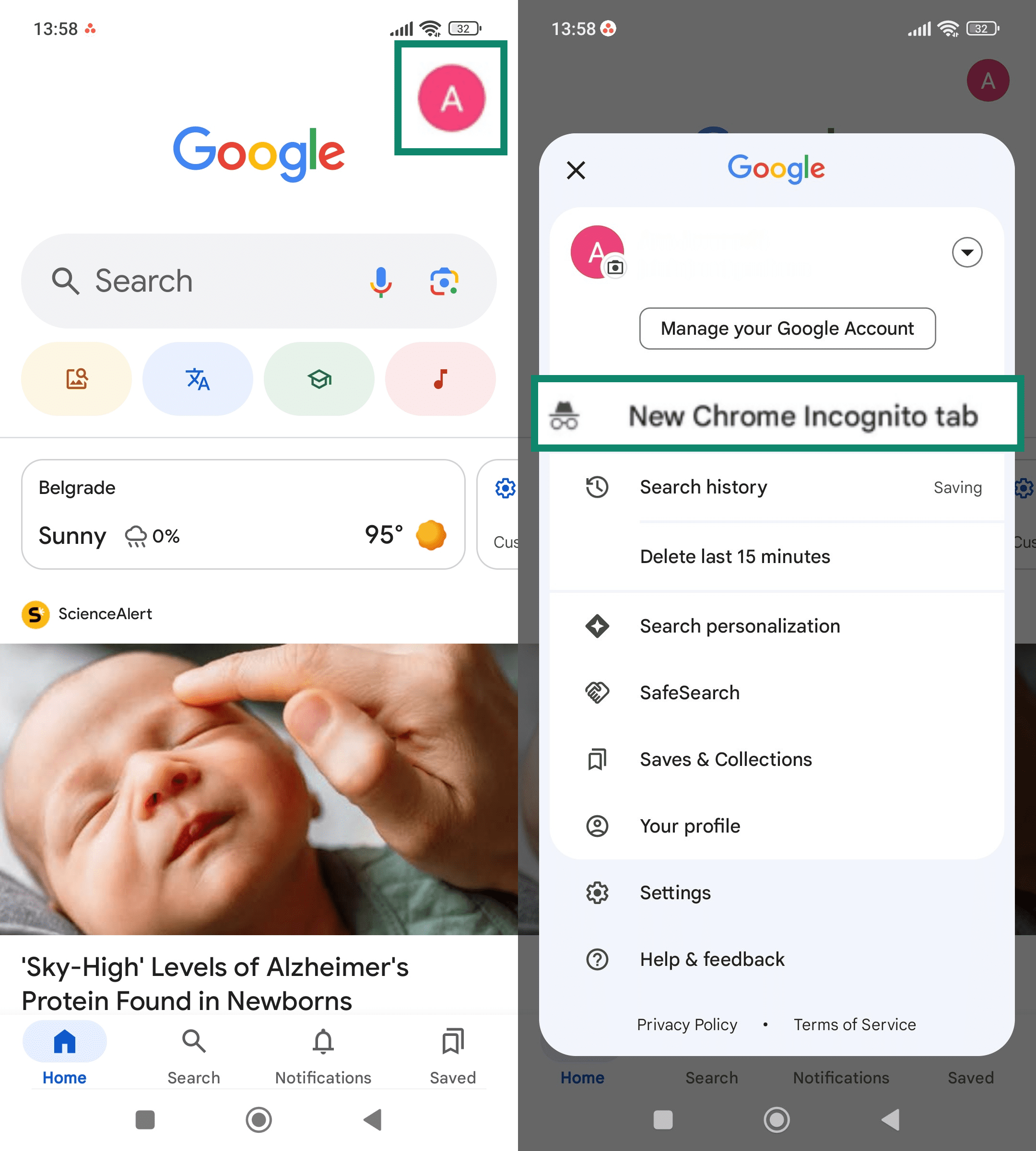 Two side-by-side screenshots of the Chrome app on Android.The left screenshot highlights the user’s profile icon in the bottom-right corner.The right screenshot shows the menu with 