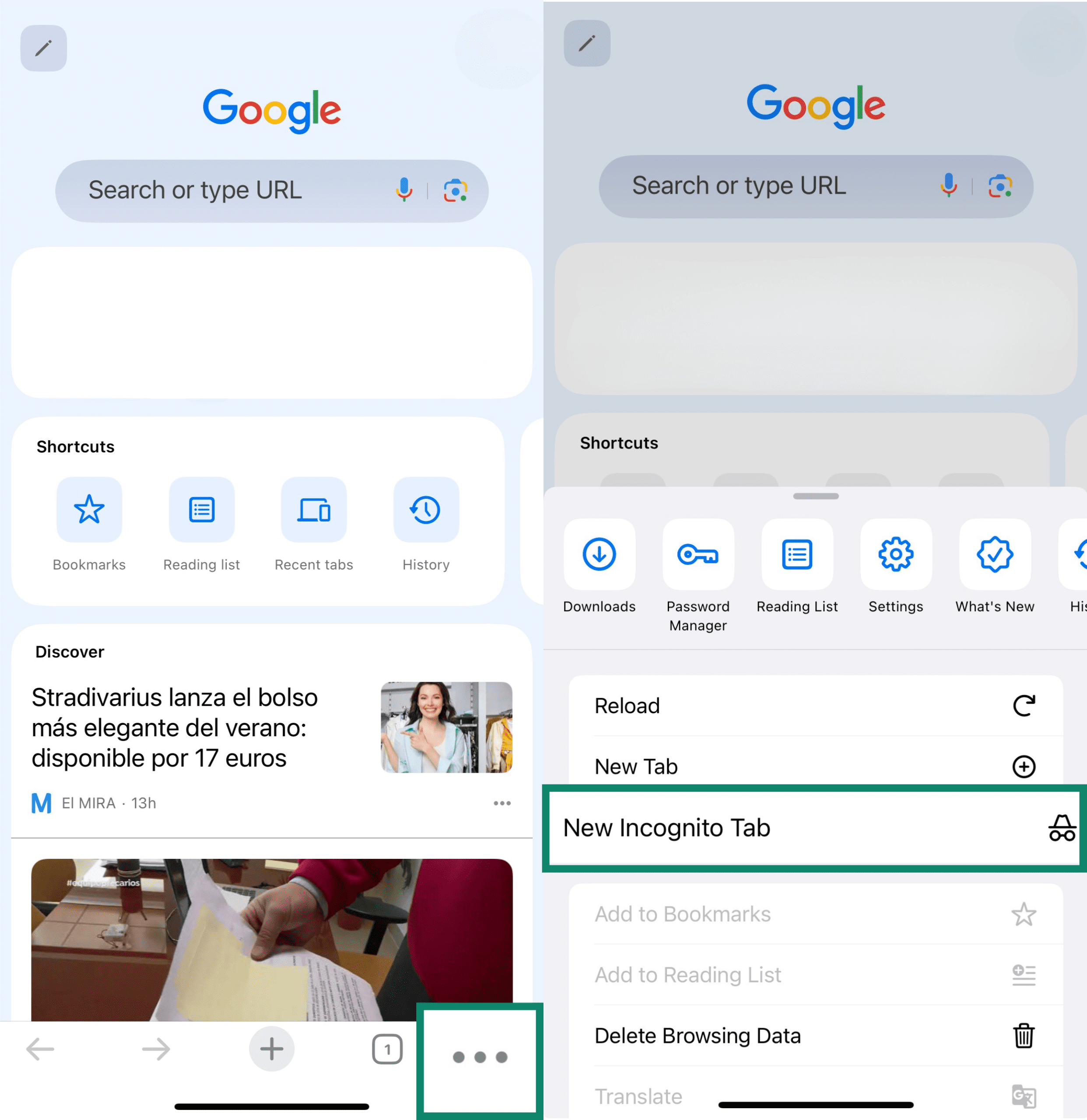 Two side-by-side screenshots of the Chrome app on iPhone.The left screenshot highlights the three-dot menu icon in the bottom-right corner.The right screenshot shows the menu open with 
